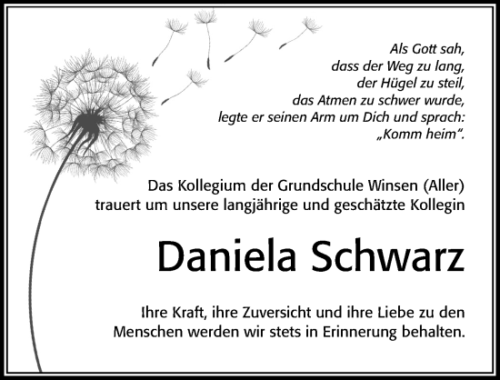Traueranzeige von Daniela Schwarz von Cellesche Zeitung