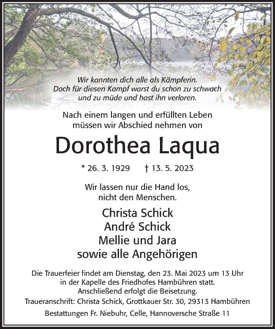 Traueranzeige von Dorothea Laqua von Cellesche Zeitung