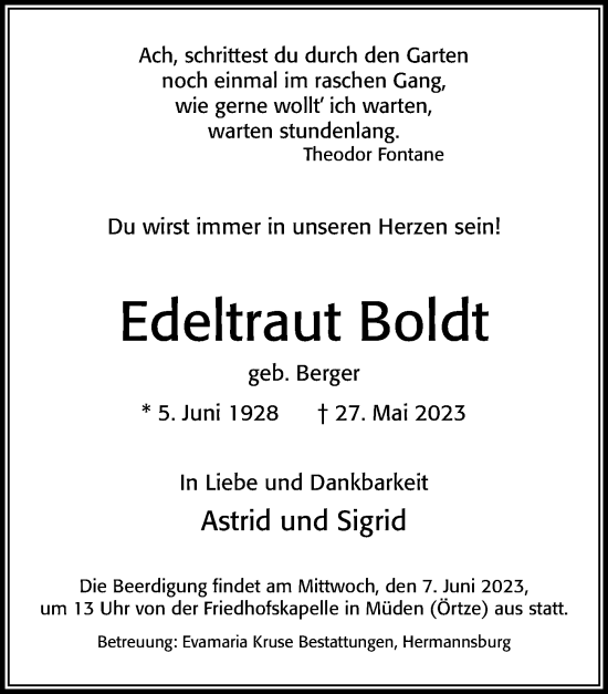 Traueranzeige von Edeltraut Boldt von Cellesche Zeitung