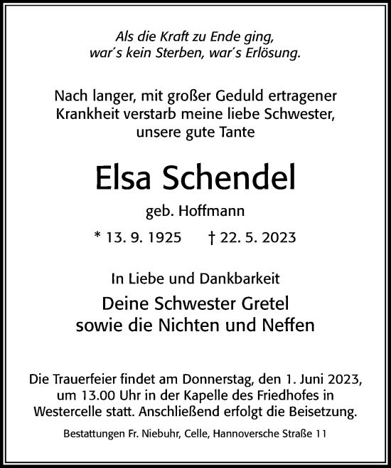 Traueranzeige von Elsa Schendel von Cellesche Zeitung