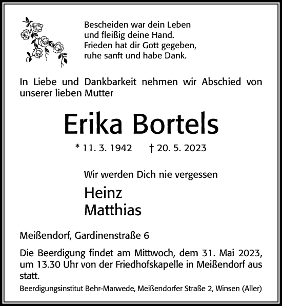 Traueranzeige von Erika Bortels von Cellesche Zeitung