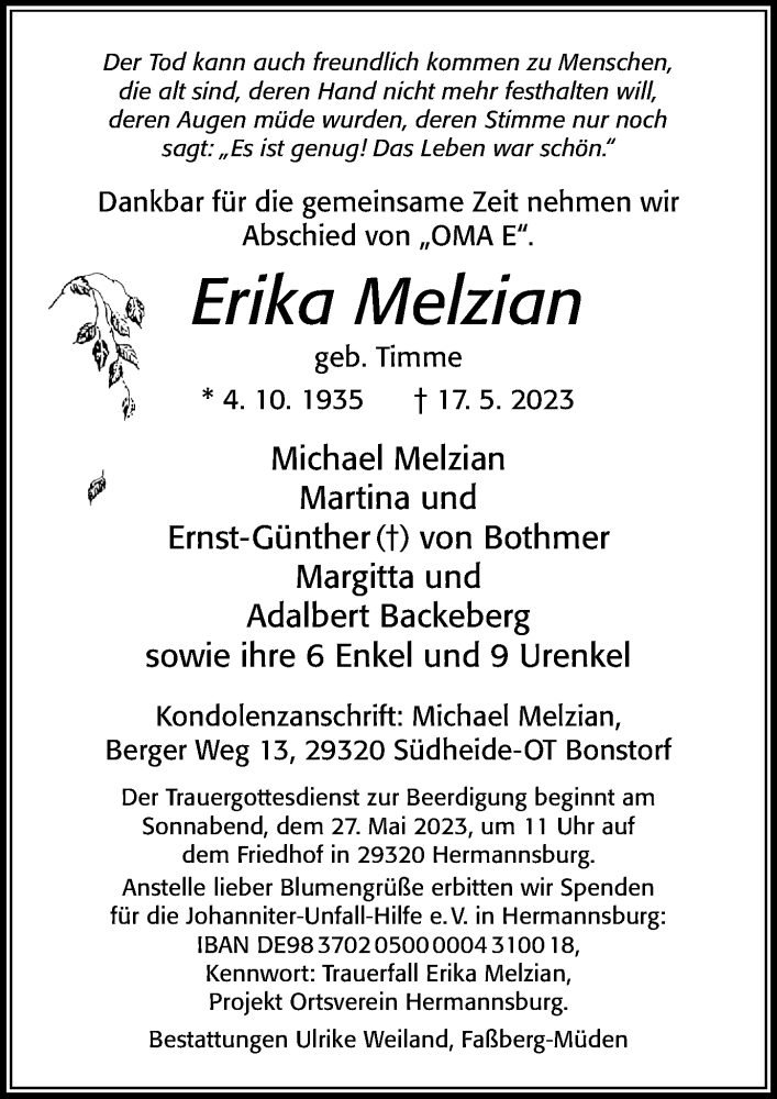  Traueranzeige für Erika Melzian vom 20.05.2023 aus Cellesche Zeitung