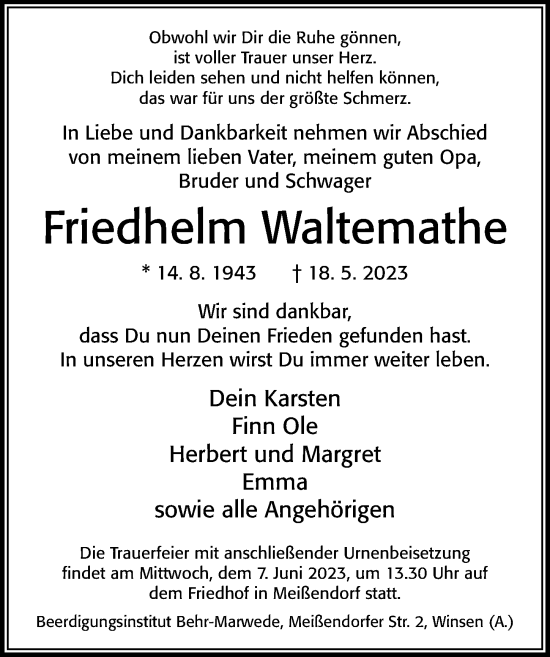 Traueranzeige von Friedhelm Waltemathe von Cellesche Zeitung