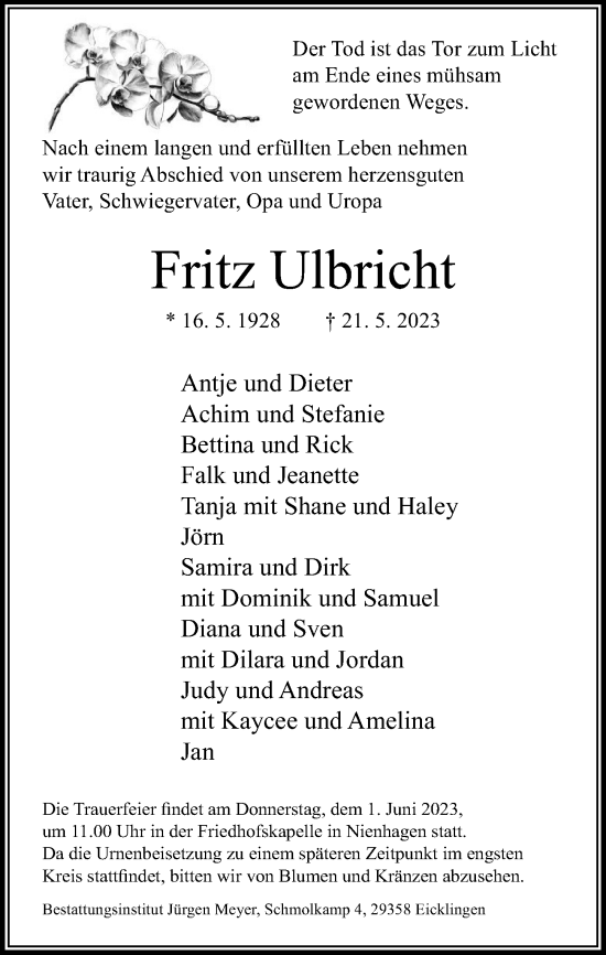 Traueranzeige von Fritz Ulbricht von Cellesche Zeitung