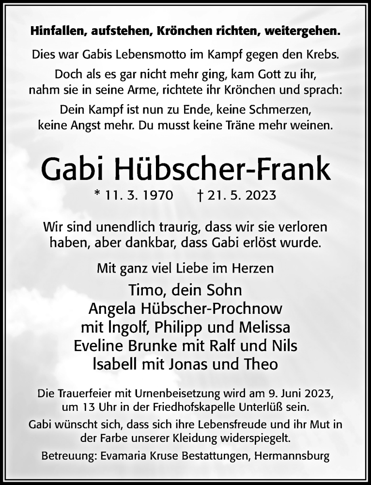  Traueranzeige für Gabi Hübscher-Frank vom 27.05.2023 aus Cellesche Zeitung