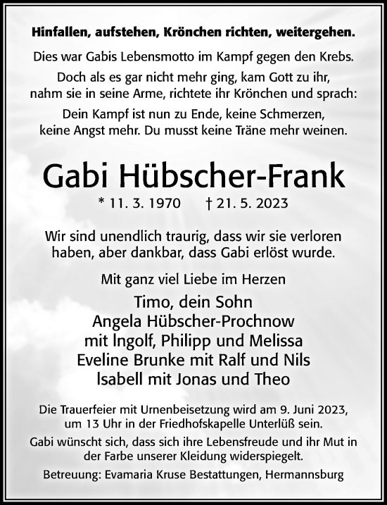 Traueranzeige von Gabi Hübscher-Frank von Cellesche Zeitung