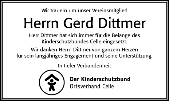 Traueranzeige von Gerd Dittmer von Cellesche Zeitung