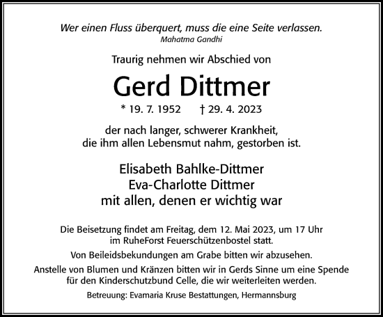 Traueranzeige von Gerd Dittmer von Cellesche Zeitung