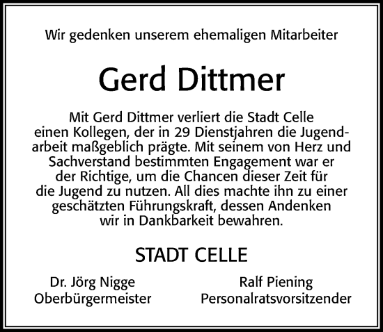 Traueranzeige von Gerd Dittmer von Cellesche Zeitung