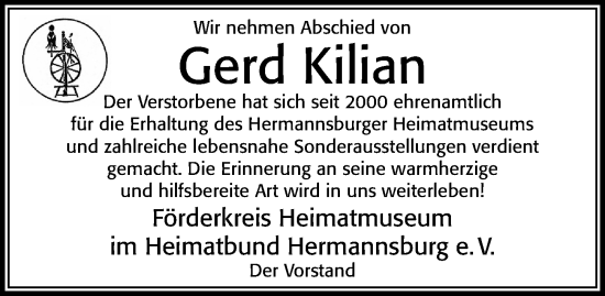 Traueranzeige von Gerd Kilian von Cellesche Zeitung
