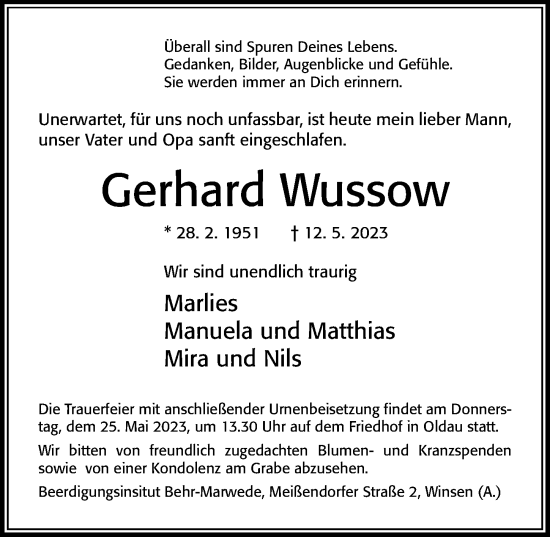 Traueranzeige von Gerhard Wussow von Cellesche Zeitung