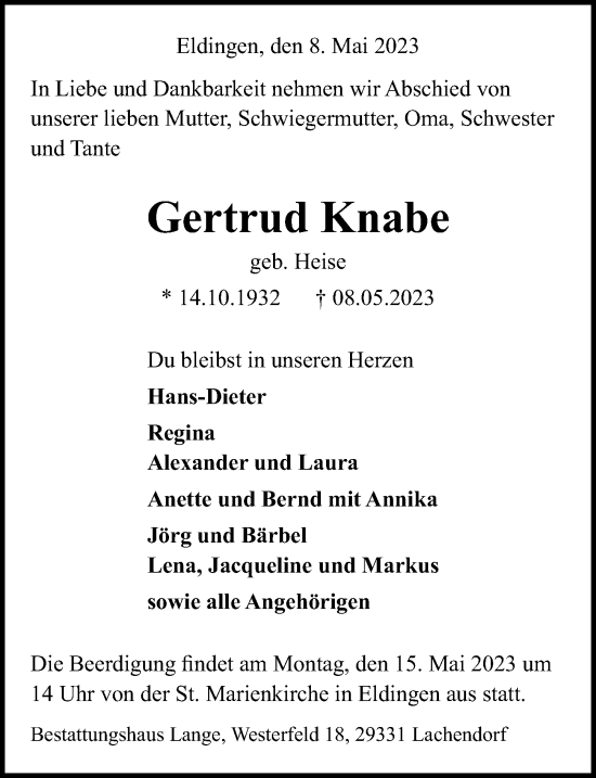 Traueranzeige von Gertrud Knabe von Cellesche Zeitung