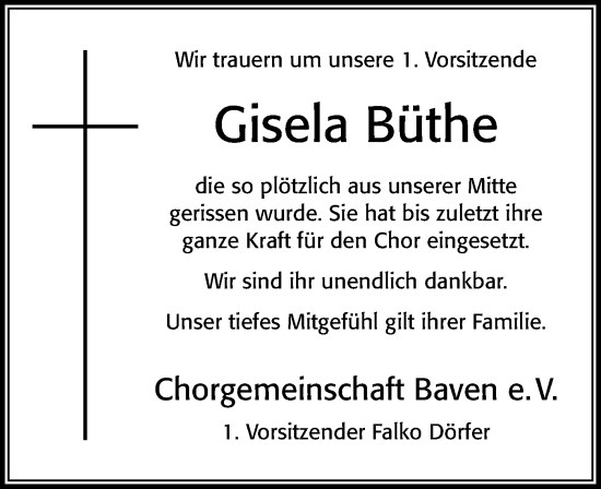 Traueranzeige von Gisela Büthe von Cellesche Zeitung