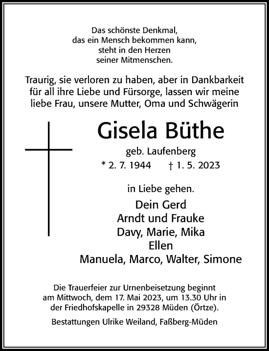 Traueranzeige von Gisela Büthe von Cellesche Zeitung