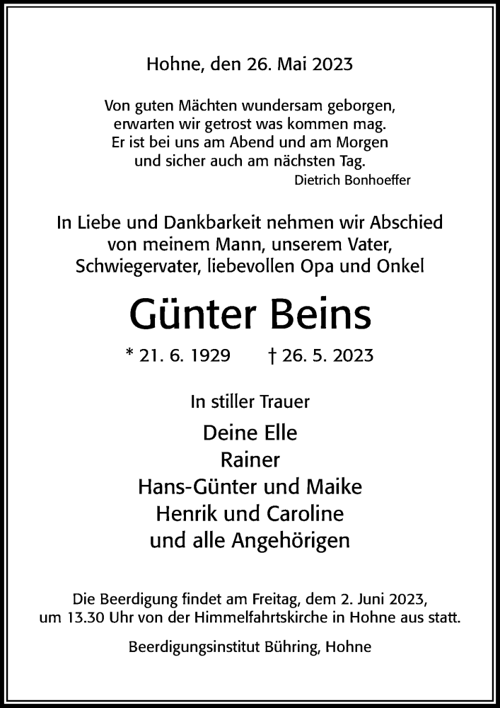  Traueranzeige für Günter Beins vom 31.05.2023 aus Cellesche Zeitung