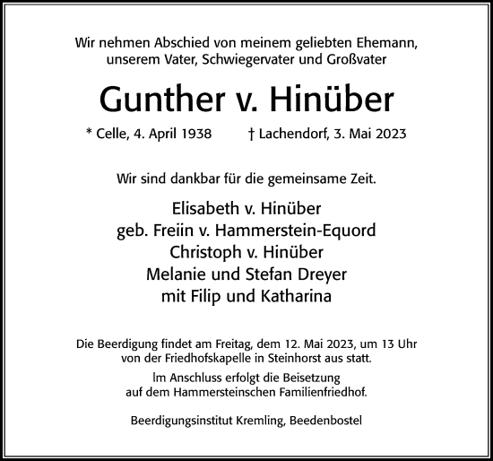 Traueranzeige von Gunther v. Hinüber von Cellesche Zeitung