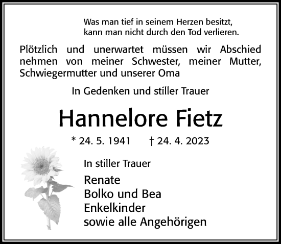 Traueranzeige von Hannelore Fietz von Cellesche Zeitung