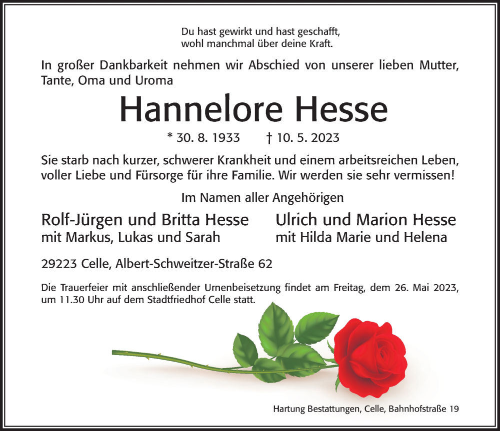  Traueranzeige für Hannelore Hesse vom 20.05.2023 aus Cellesche Zeitung