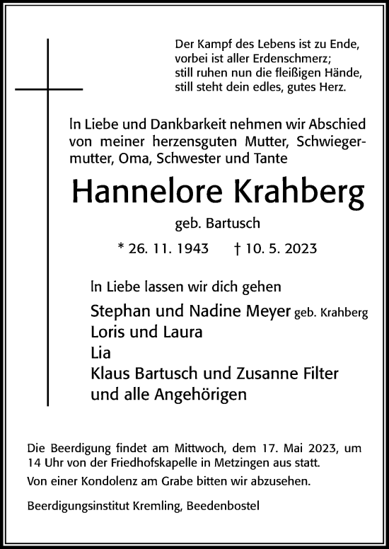 Traueranzeige von Hannelore Krahberg von Cellesche Zeitung