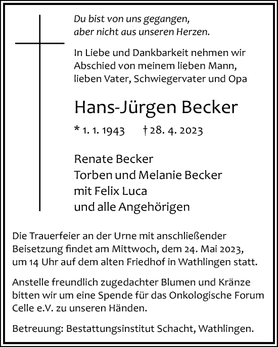 Traueranzeige von Hans-Jürgen Becker von Cellesche Zeitung