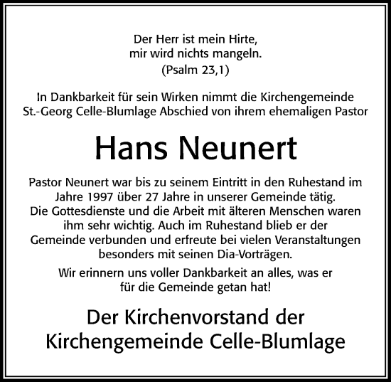 Traueranzeige von Hans Neunert von Cellesche Zeitung