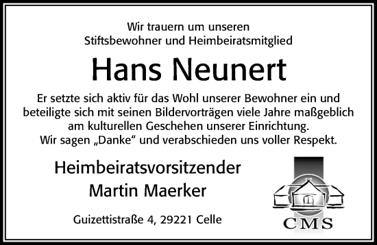 Traueranzeige von Hans Neunert von Cellesche Zeitung