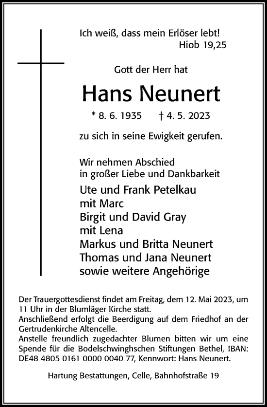 Traueranzeige von Hans Neunert von Cellesche Zeitung