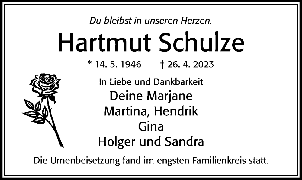  Traueranzeige für Hartmut Schulze vom 20.05.2023 aus Cellesche Zeitung