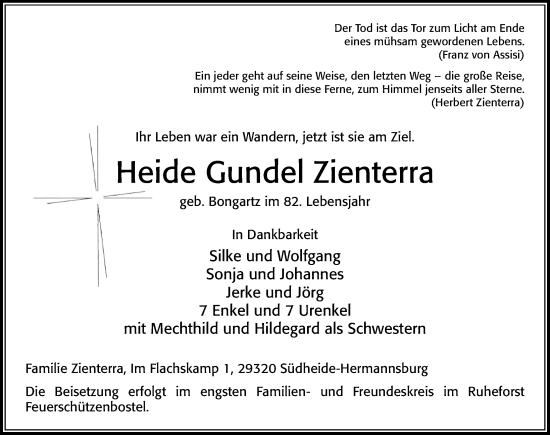 Traueranzeige von Heide Gundel Zienterra von Cellesche Zeitung