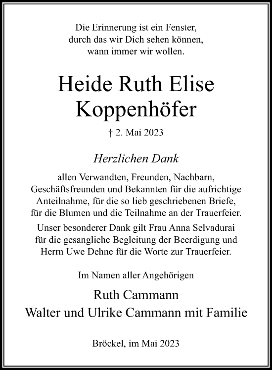 Traueranzeige von Heide Ruth Elise Koppenhöfer von Cellesche Zeitung