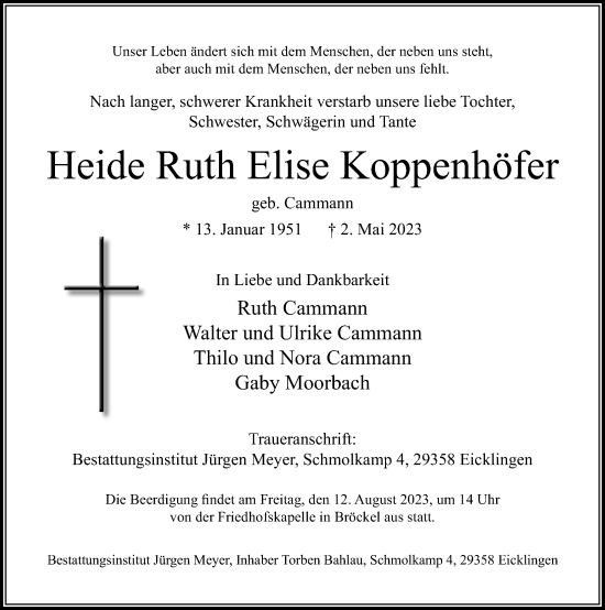 Traueranzeige von Heide Ruth Elise Koppenhöfer von Cellesche Zeitung