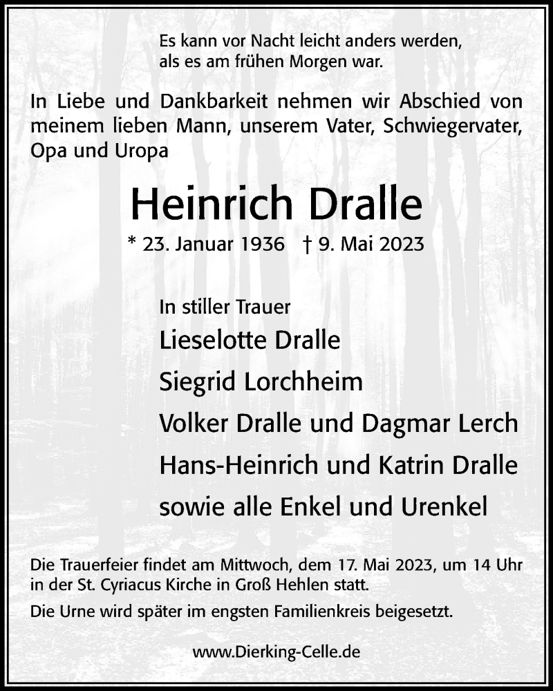  Traueranzeige für Heinrich Dralle vom 13.05.2023 aus Cellesche Zeitung