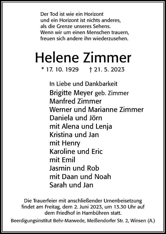 Traueranzeige von Helene Zimmer von Cellesche Zeitung