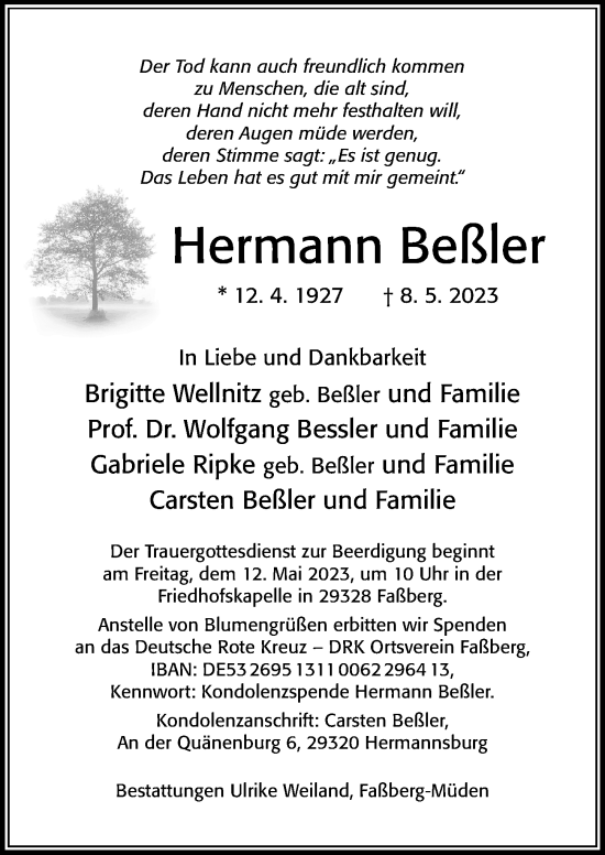 Traueranzeige von Hermann Beßler von Cellesche Zeitung