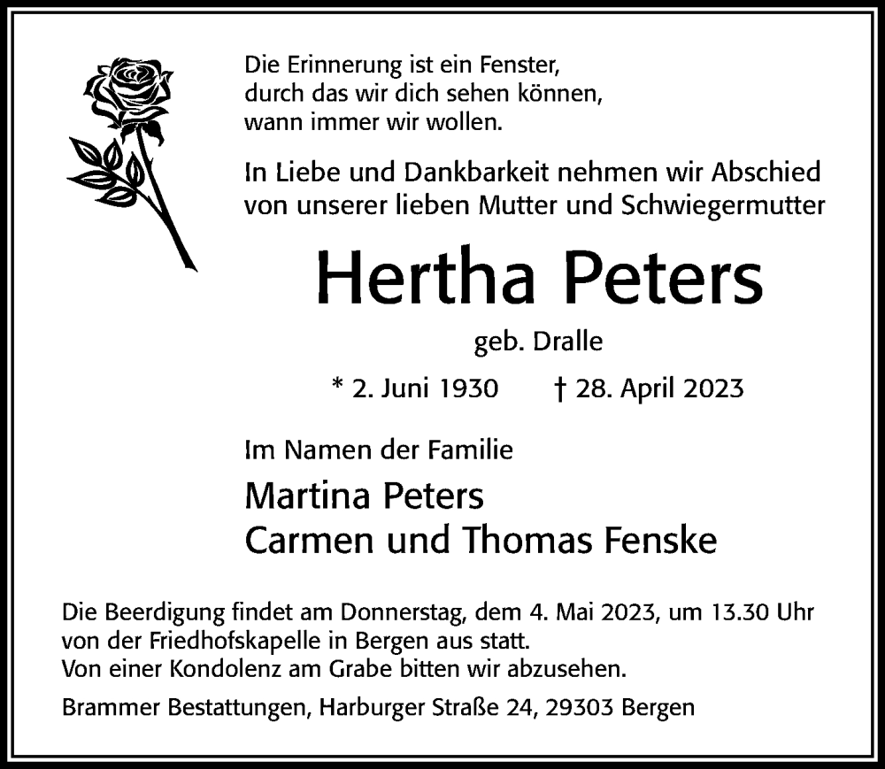  Traueranzeige für Hertha Peters vom 03.05.2023 aus Cellesche Zeitung
