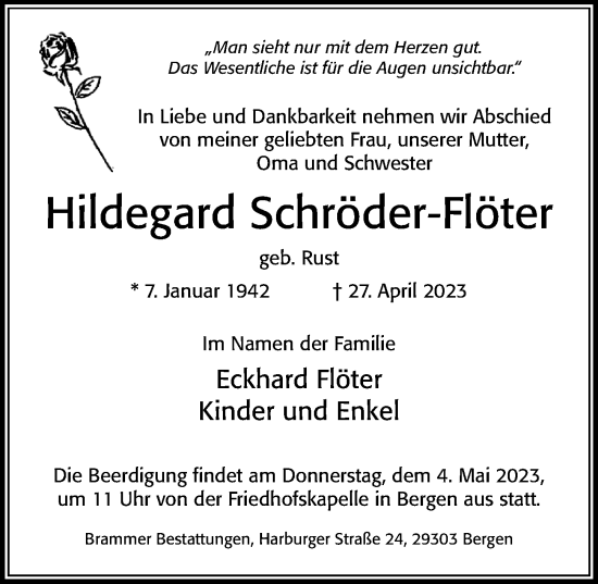 Traueranzeige von Hildegard Schröder-Flöter von Cellesche Zeitung