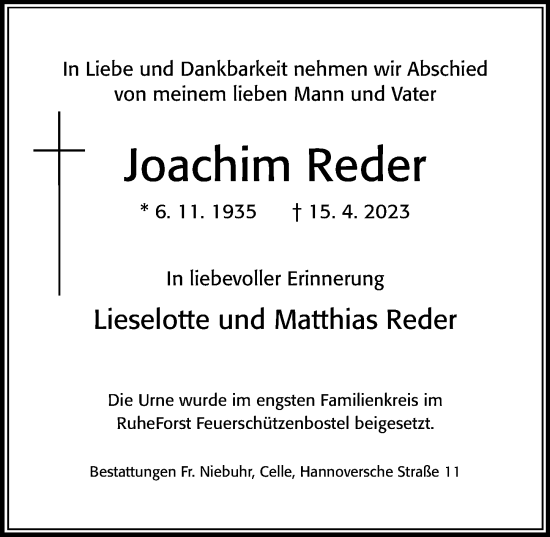 Traueranzeige von Joachim Reder von Cellesche Zeitung