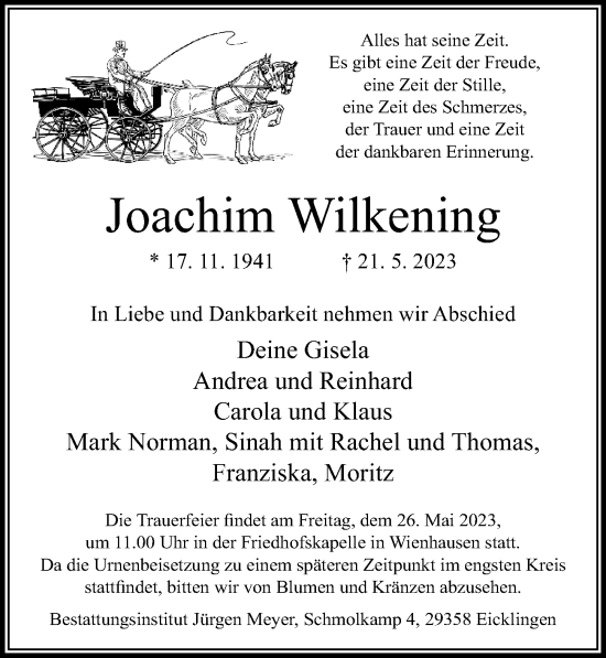Traueranzeige von Joachim Wilkening von Cellesche Zeitung