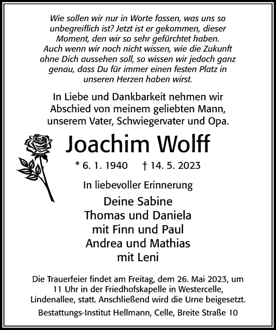 Traueranzeige von Joachim Wolff von Cellesche Zeitung