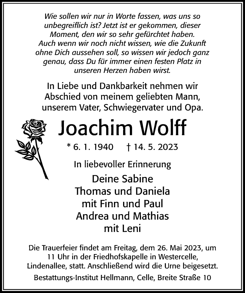  Traueranzeige für Joachim Wolff vom 20.05.2023 aus Cellesche Zeitung