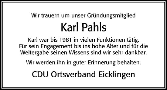 Traueranzeige von Karl Pahls von Cellesche Zeitung