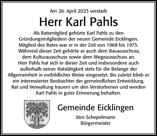Traueranzeige von Karl Pahls von Cellesche Zeitung