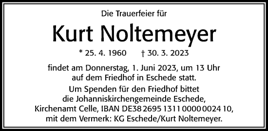 Traueranzeige von Kurt Noltemeyer von Cellesche Zeitung