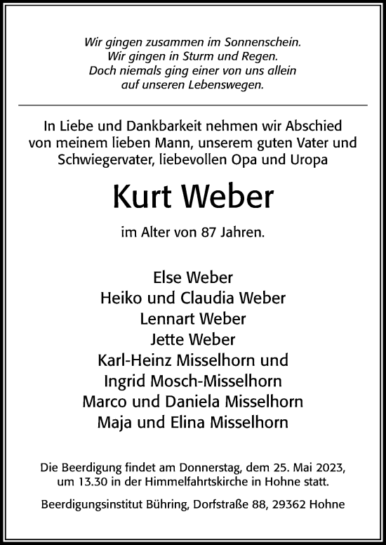 Traueranzeige von Kurt Weber von Cellesche Zeitung