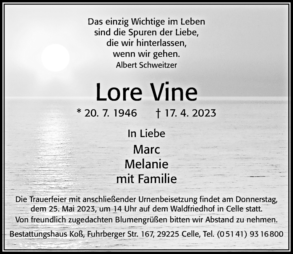  Traueranzeige für Lore Vine vom 20.05.2023 aus Cellesche Zeitung