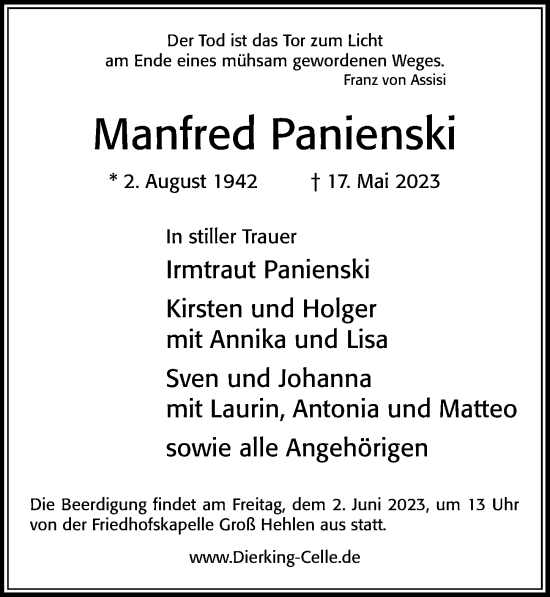 Traueranzeige von Manfred Panienski von Cellesche Zeitung