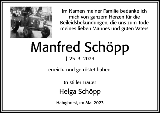 Traueranzeige von Manfred Schöpp von Cellesche Zeitung