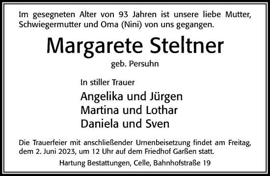 Traueranzeige von Margarete Steltner von Cellesche Zeitung