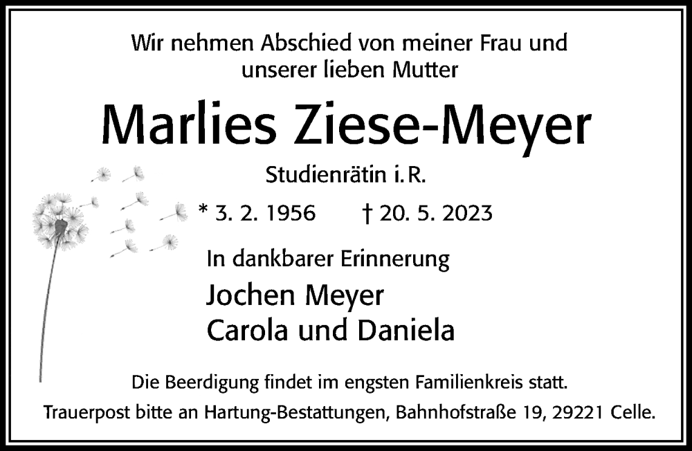  Traueranzeige für Marlies Ziese-Meyer vom 27.05.2023 aus Cellesche Zeitung