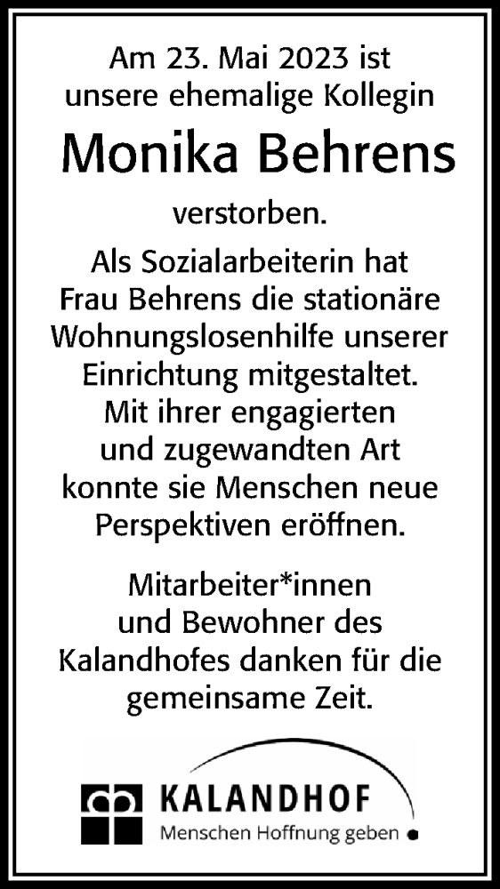  Traueranzeige für Monika Behrens vom 31.05.2023 aus Cellesche Zeitung